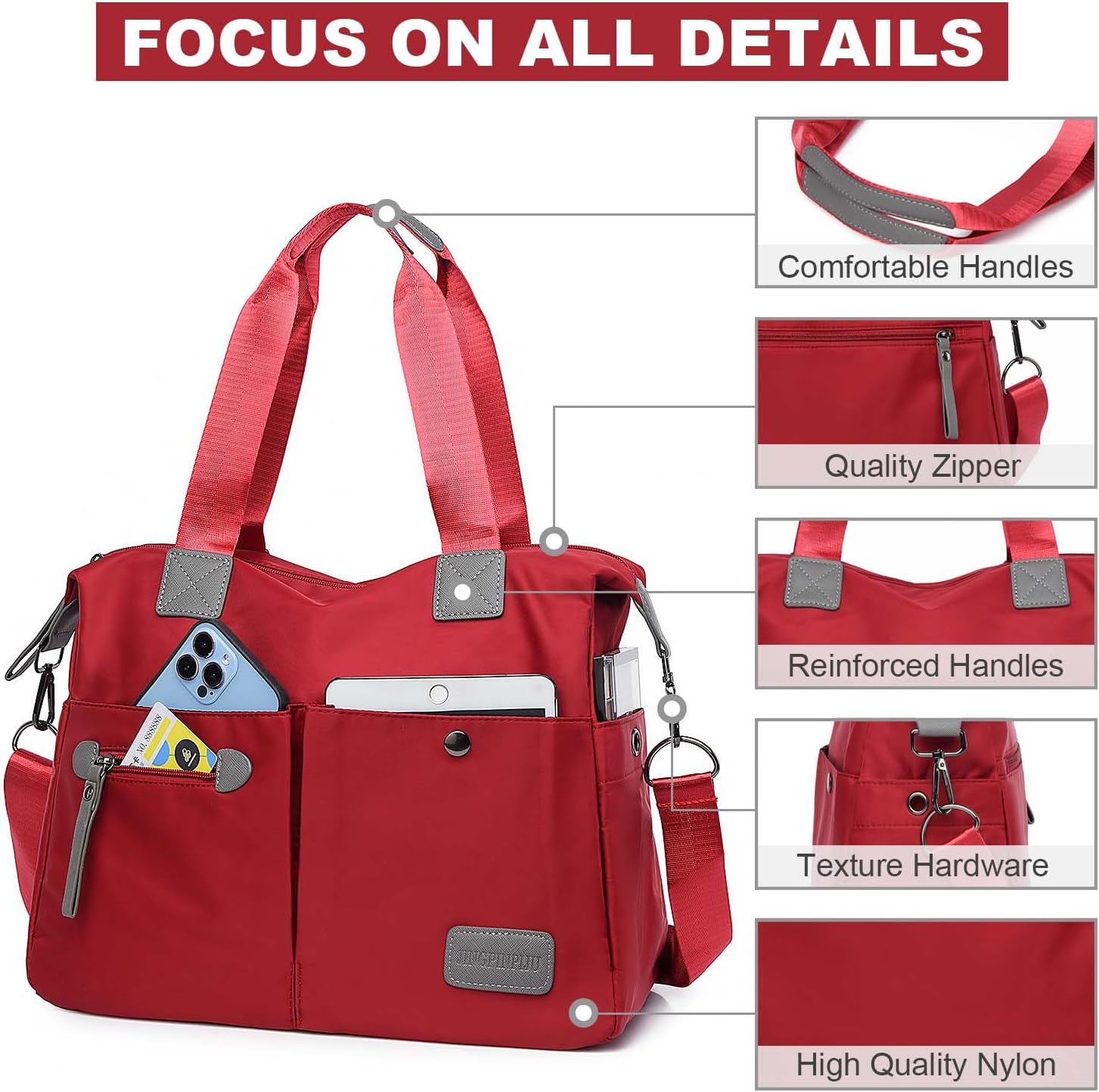 Tote Bag for Women,Multi Pockets Shoulder Handbag,Nurse Bag for Work,Large Cross body Purse,Fashion Nylon Top Handle Satchel - Image 4