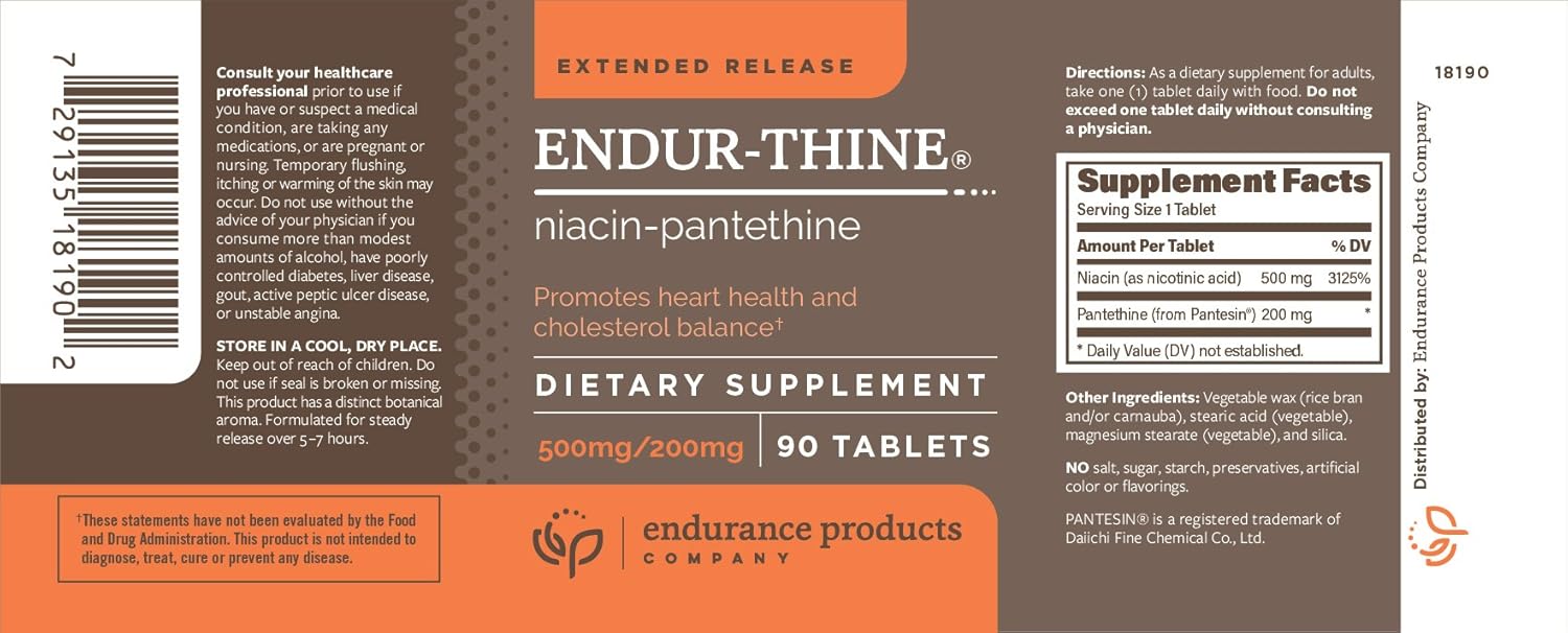 Endurance Products ENDUR-Thine Niacin – Pantethine, Heart & Liver Health Supplement, Efficient Formula for Optimal Absorption, Gluten Free, 500mg (90 Tablets)