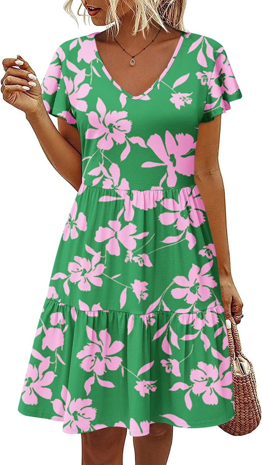HOTOUCH Women's Casual Summer Dress with Pockets V Neck Ruffle Sleeve A-Line Dresses