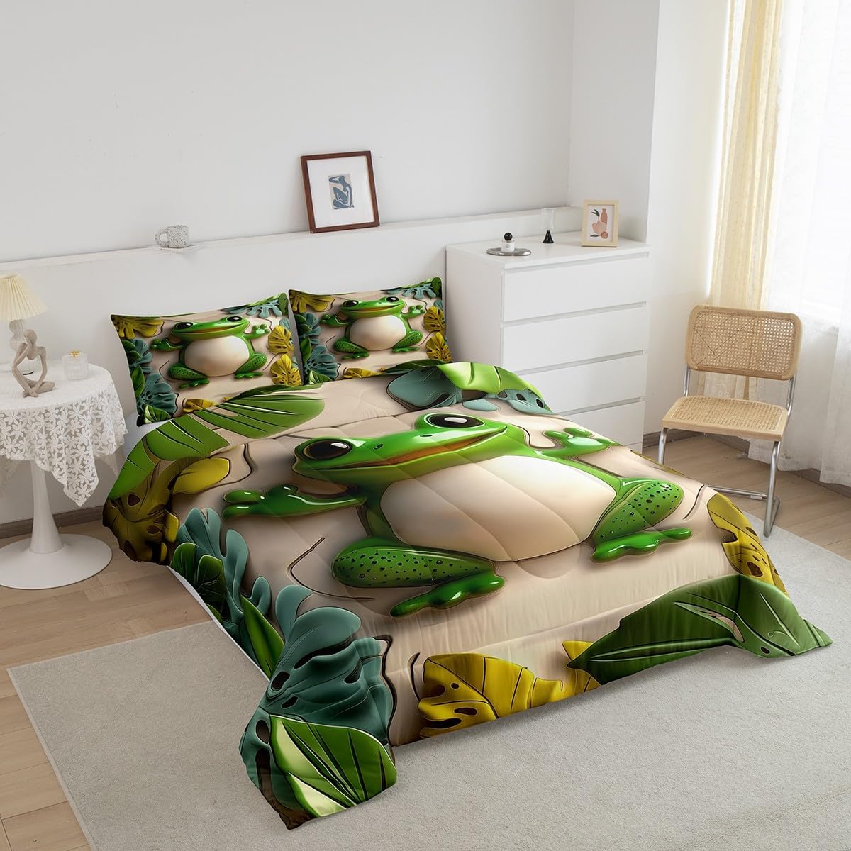 Funny Frog Kids Bedding Comforter Set Toddler Size,Jungle Pand Animals Bedding Sets All Season,Green Tropical Palm Leaves Bedroom Quilt Set,Watercolor Cartoon Aniamls Duvet Insert,1 Pillowcase