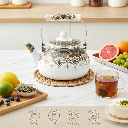 Miniatura 5 de ZOOFOX Hervidor de té esmaltado de cerámica, 2.6 cuartos de galón, tetera grande floral colorida con asa para estufa, olla retro de agua caliente,