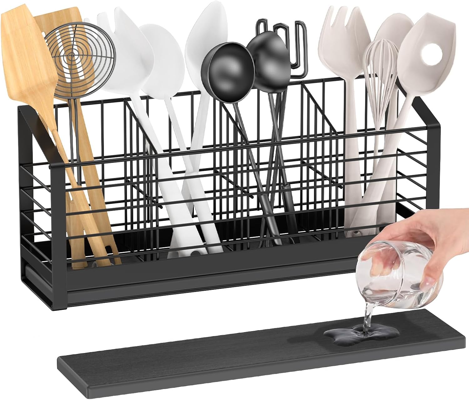 Extra Large Utensil Holder for Kitchen Counter, Kitchen Cooking Utensil Holder Organizer Kitchen Utensil Racks with Drying Base Cooking Tools Storage for Countertop Sink Cutlery Holder, 4 Compartments