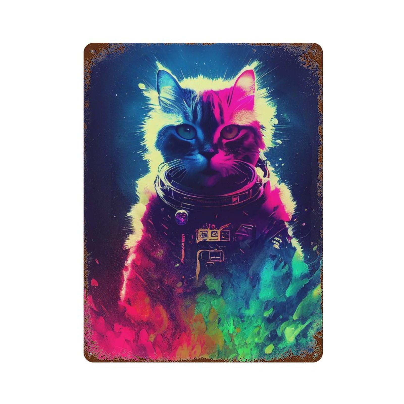 Colorful Cat Astronaut Rustic Tin Plaque 15.7"x11.8", Rustic Home Decor for Office, Studio And Wall Decor