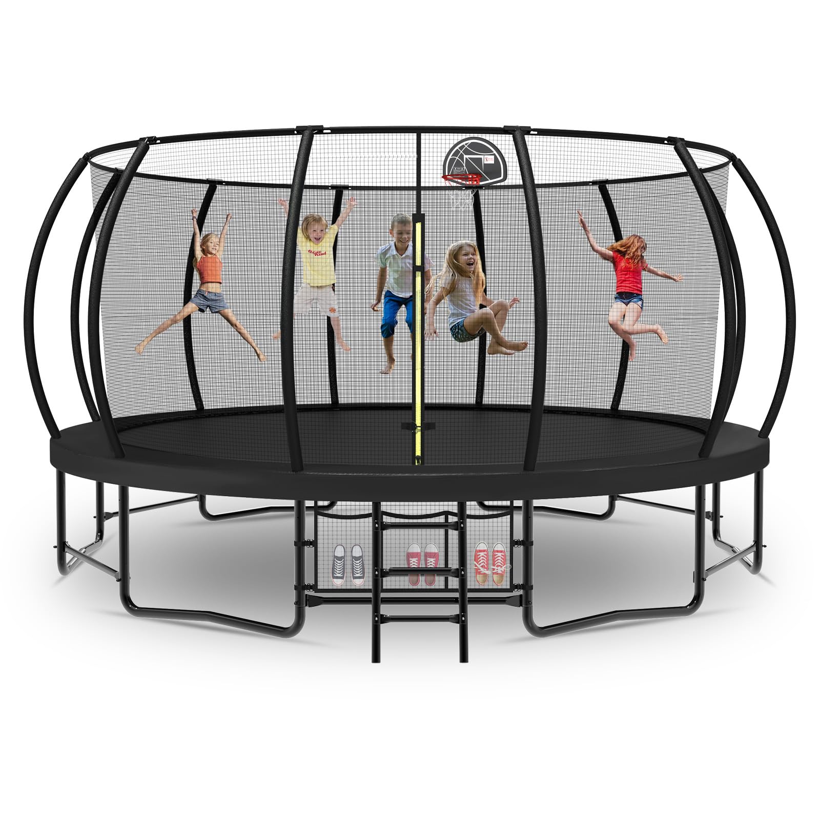 Tatub 16FT Upgrade Trampoline for Kids and Adults, Outdoor Recreational Trampolines with Basketball Hoop & Enclosure Net, Curved Poles & Storage Bag, Pumpkin Trampoline Capacity for 6-8, Black