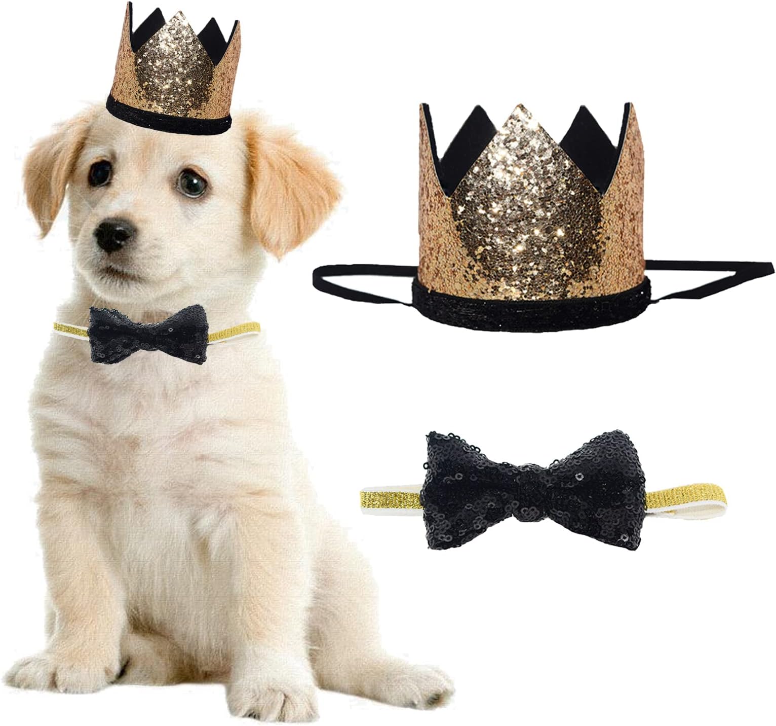 Cute Pet Birthday Crown Hat and Bow tie Collar Set for Dog Cat Birthday Party Supplies (Gold)