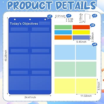 Feifeiya Pocket Chart for Classroom 24.41 x 45.28 '' Reusable Whiteboard with Hooks 13+1 Scheduling Objectives Pocket Chart with 16 Pcs Reusable Cards for School Office Home Preschool(Classic Style)