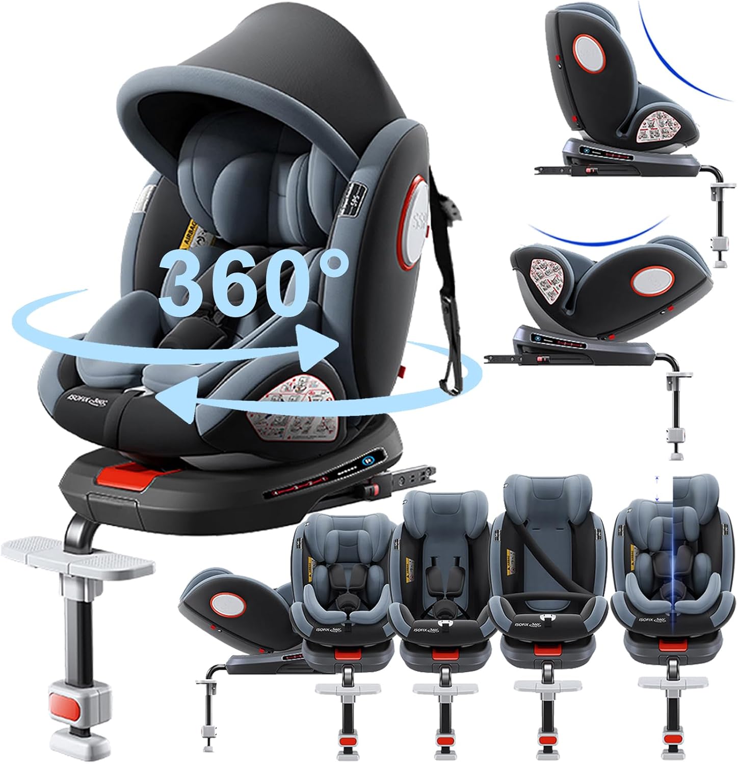 360  Rotating Car Seats Reclining Car Seats with Adjustable Headrest and 5-Point Safety Belt, Isofix, Groups 0/1/2/3, 0-36 Kg, ECE R129 Certified Grey High Version