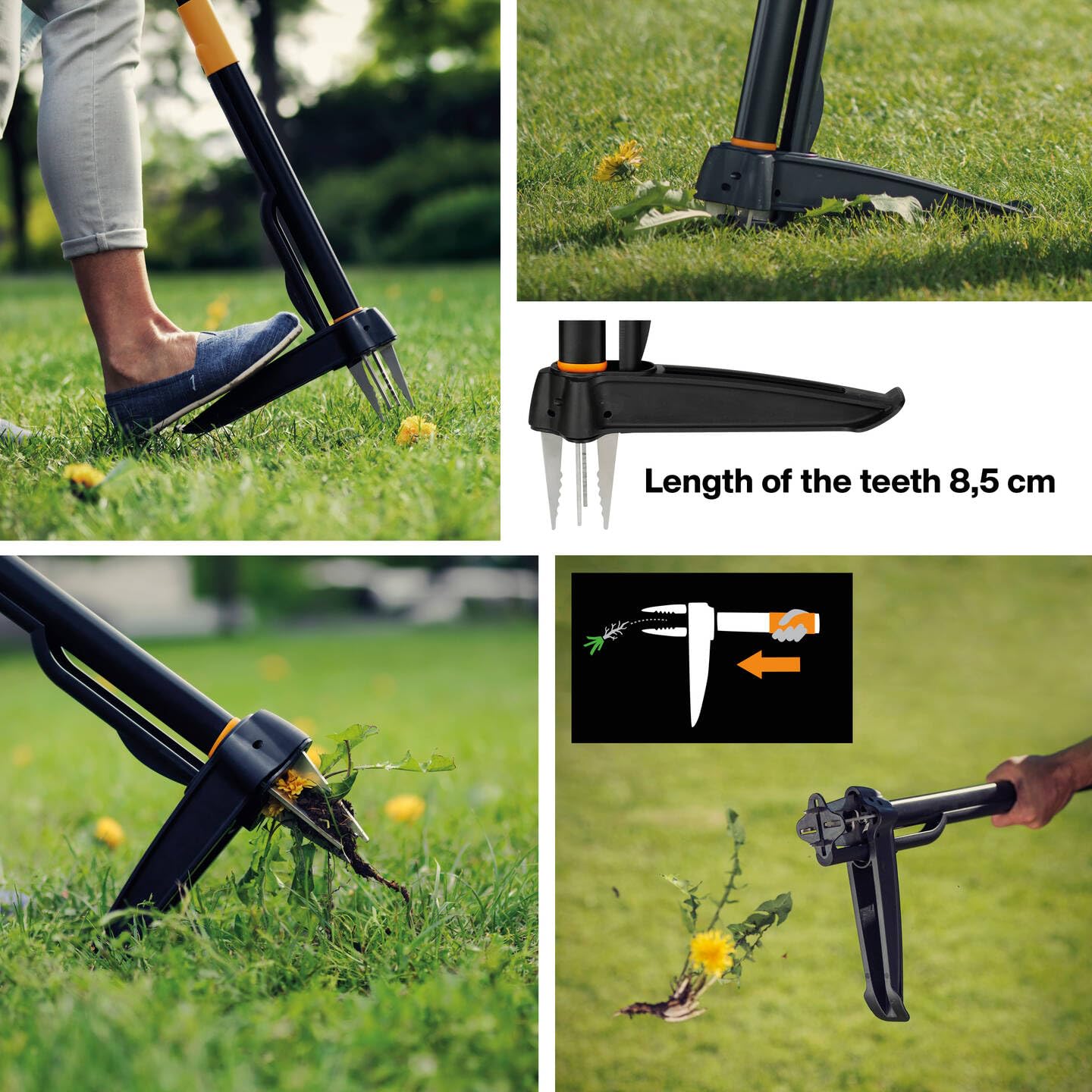 Fiskars Xact Unkrautstecher, Länge: 1 m, Rostfreie Stahl-Arme/Kunststoff-Griff, Schwarz/Orange, Kartoneinzelverpackung, 1077305