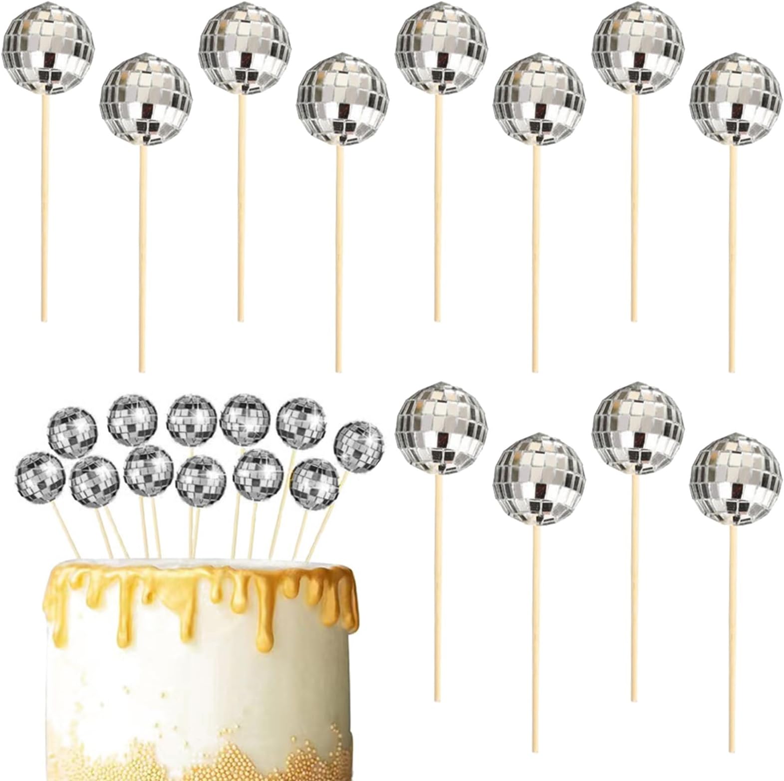 PLUSHCEWT 12 Pcs Mini Disco Ball Cake Decorations,2cm Shiny Silver Disco Ball Cake Toppers with Wooden Sticks for 70s Disco Theme Party,Wedding Birthday & Celebration Cakes