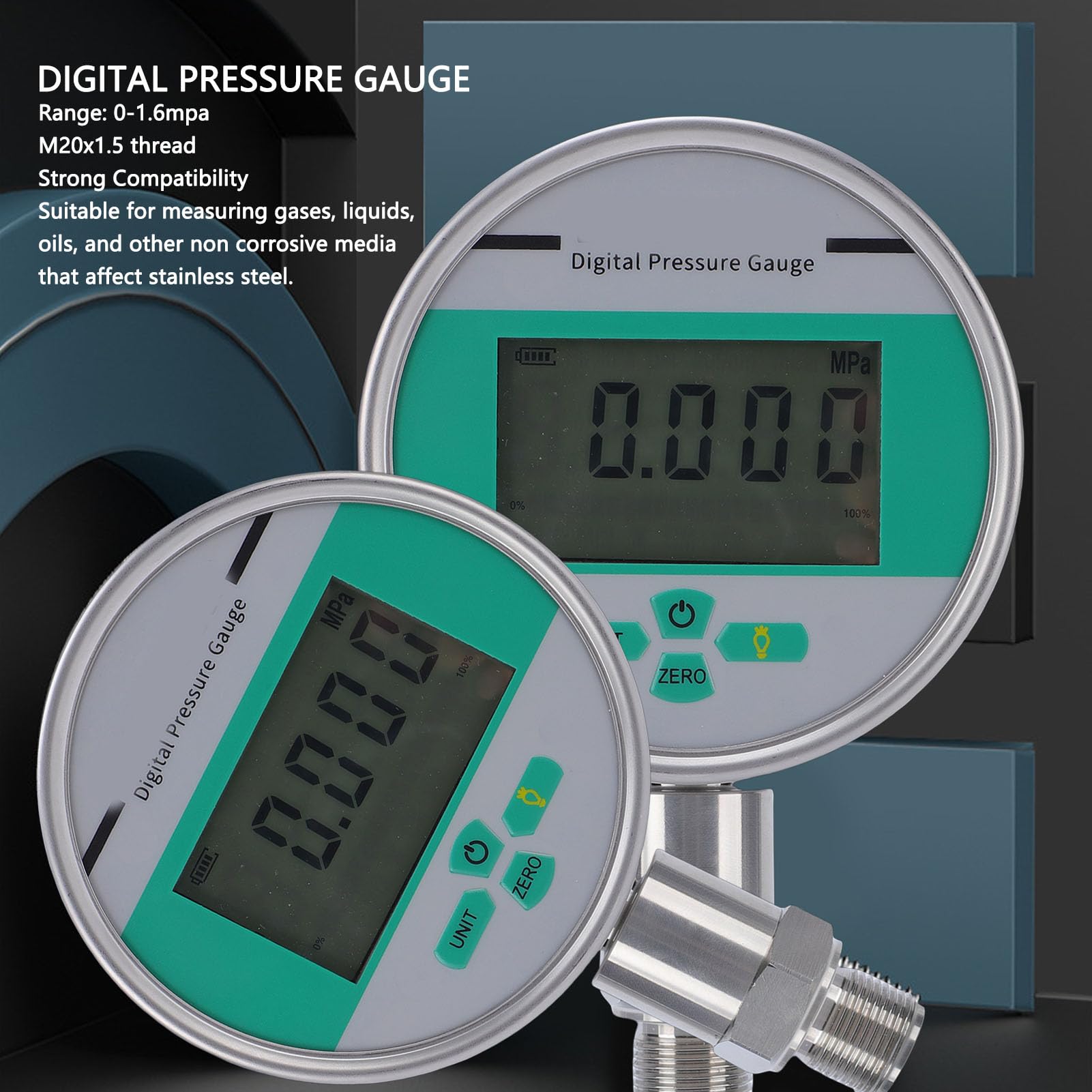 Eujgoov Manometro Digitale, Misuratore di Pressione in Acciaio Inossidabile con Quadrante da 4 Pollici da -1 a 1 Bar con M20x1,5 per Sistemi Idraulici di Macchinari di Ingegneria