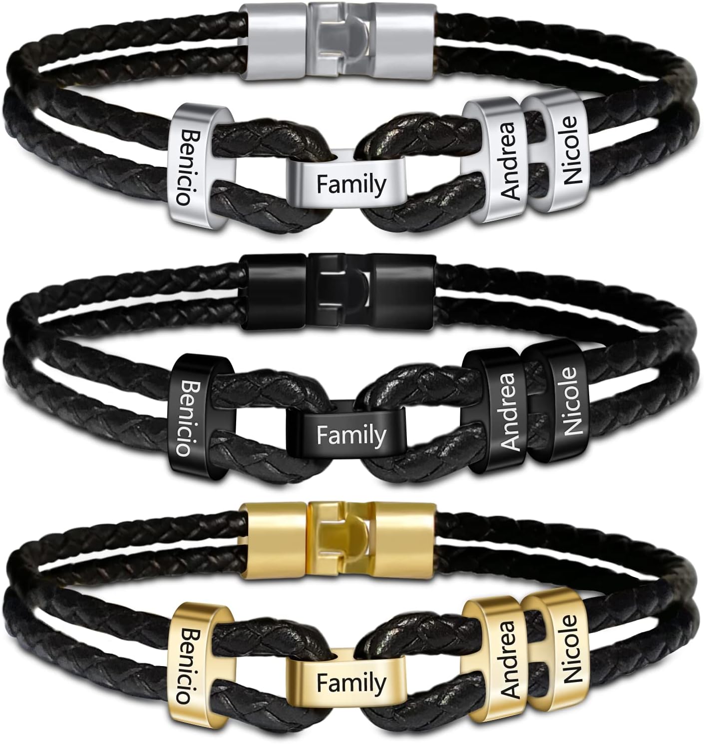 His Gift Custom Men Leather Bracelet with 2-9 Names Personalized Engraved Mens Bracelet Family Name Bracelet for Father Grandpa Husband