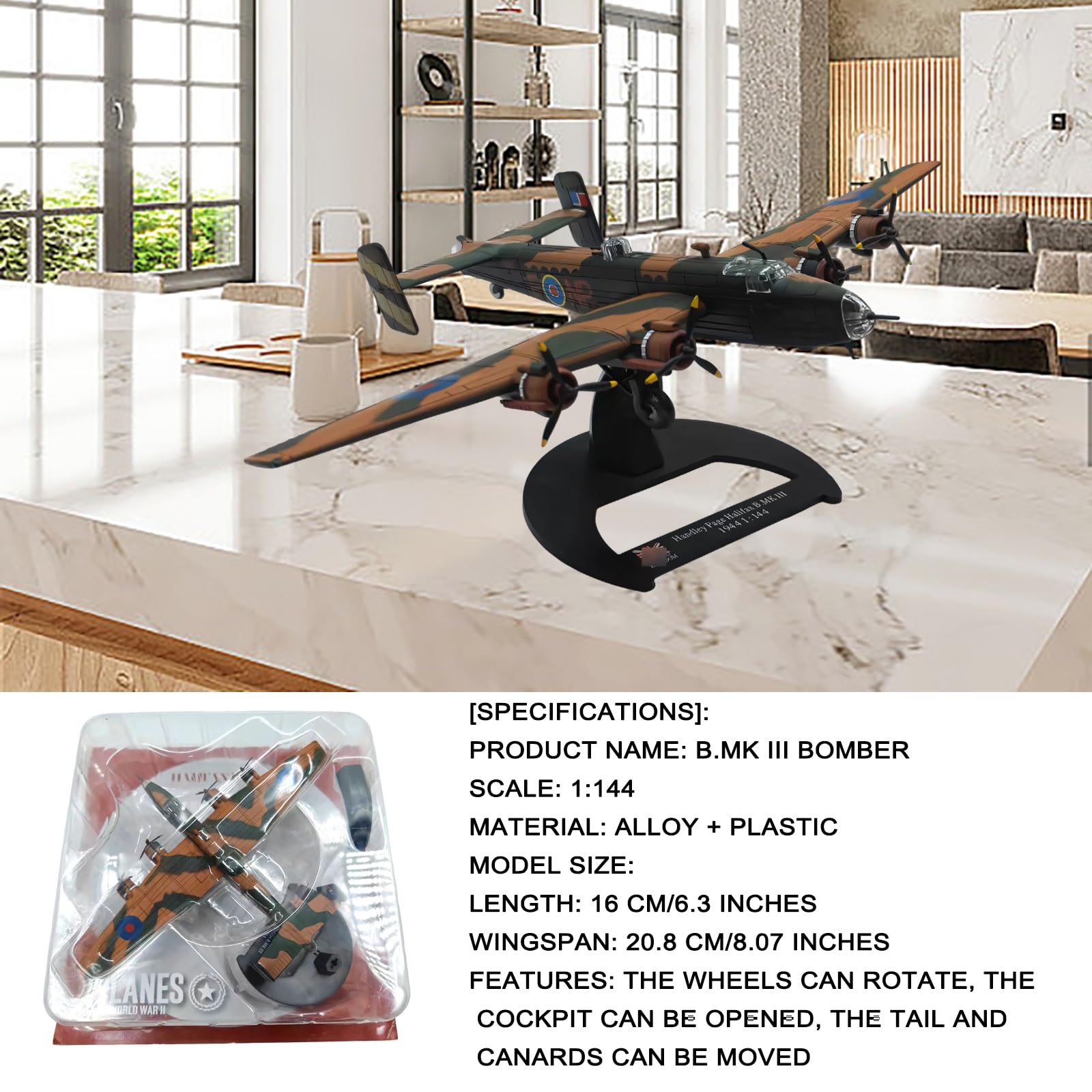 Modello bombardiere B.Mk III in scala 1:144 Realistico in lega pressofusa, display statico collezione con parti rotanti, regalo militare perfetto appassionati Desktop, scaffale decorazione
