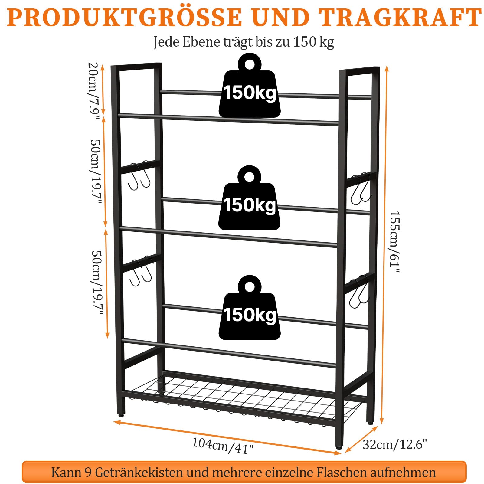 Getränkekistenregal mit Rollen für 9 Kisten – Metallregal mit Haken & Gitterablage – Getränkeregal mit Standfüßen für Küche, Keller oder Vorratsraum