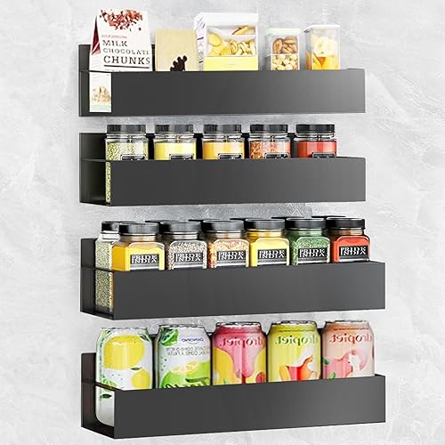 Miniatura 8 de Estante para especias de montaje en pared 4 paquetes de almacenamiento y organización de despensa de gran tamaño sin taladrar  11.8 pulgadas negro