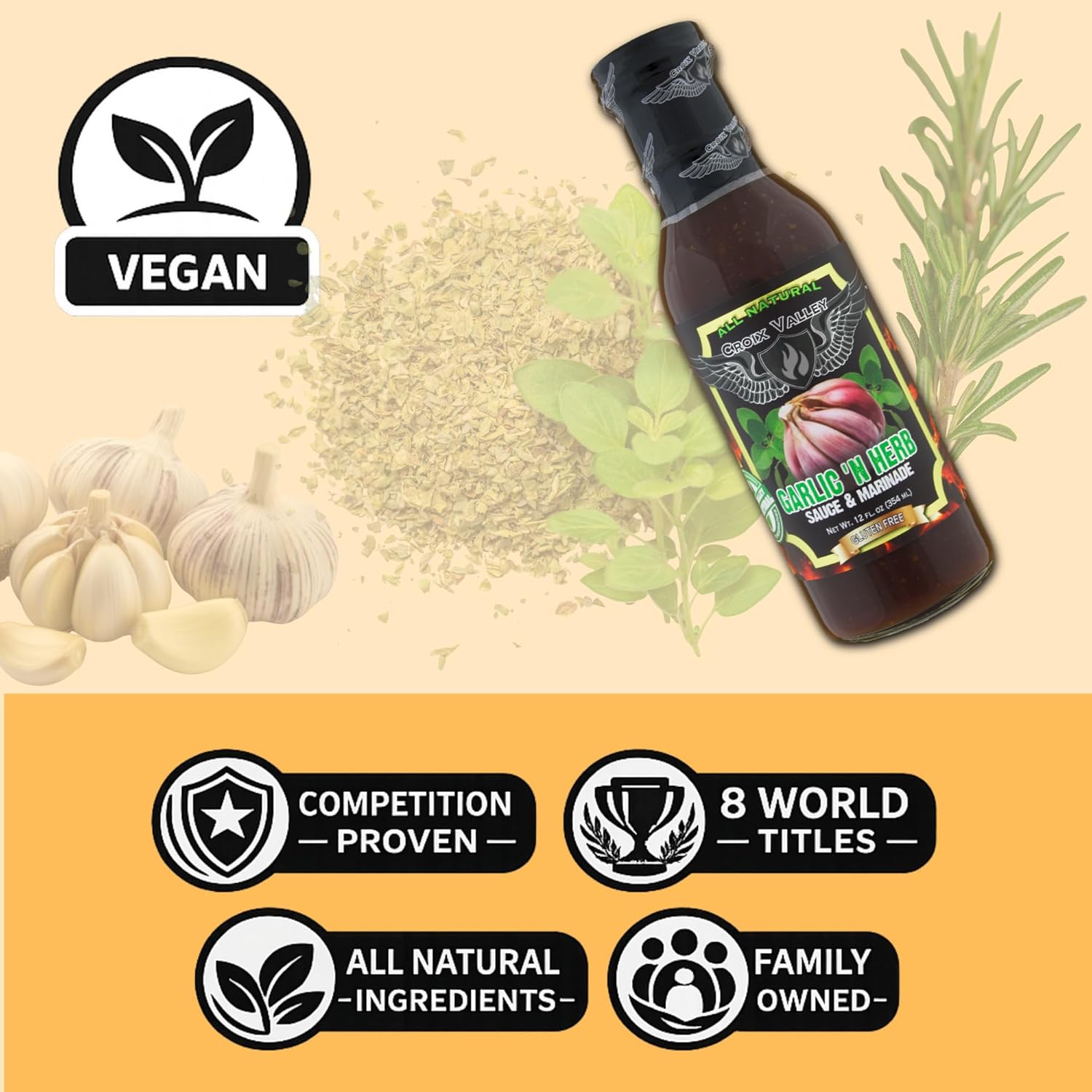 Croix Valley Garlic 'n Herb Sauce & Marinade – 3 Pack (12 oz Glass Bottles) – Savory Garlic & Herb with Balanced Depth – Gluten-Free, No MSG, No High Fructose Corn Syrup – Savory Sauce and Barbecue Marinade