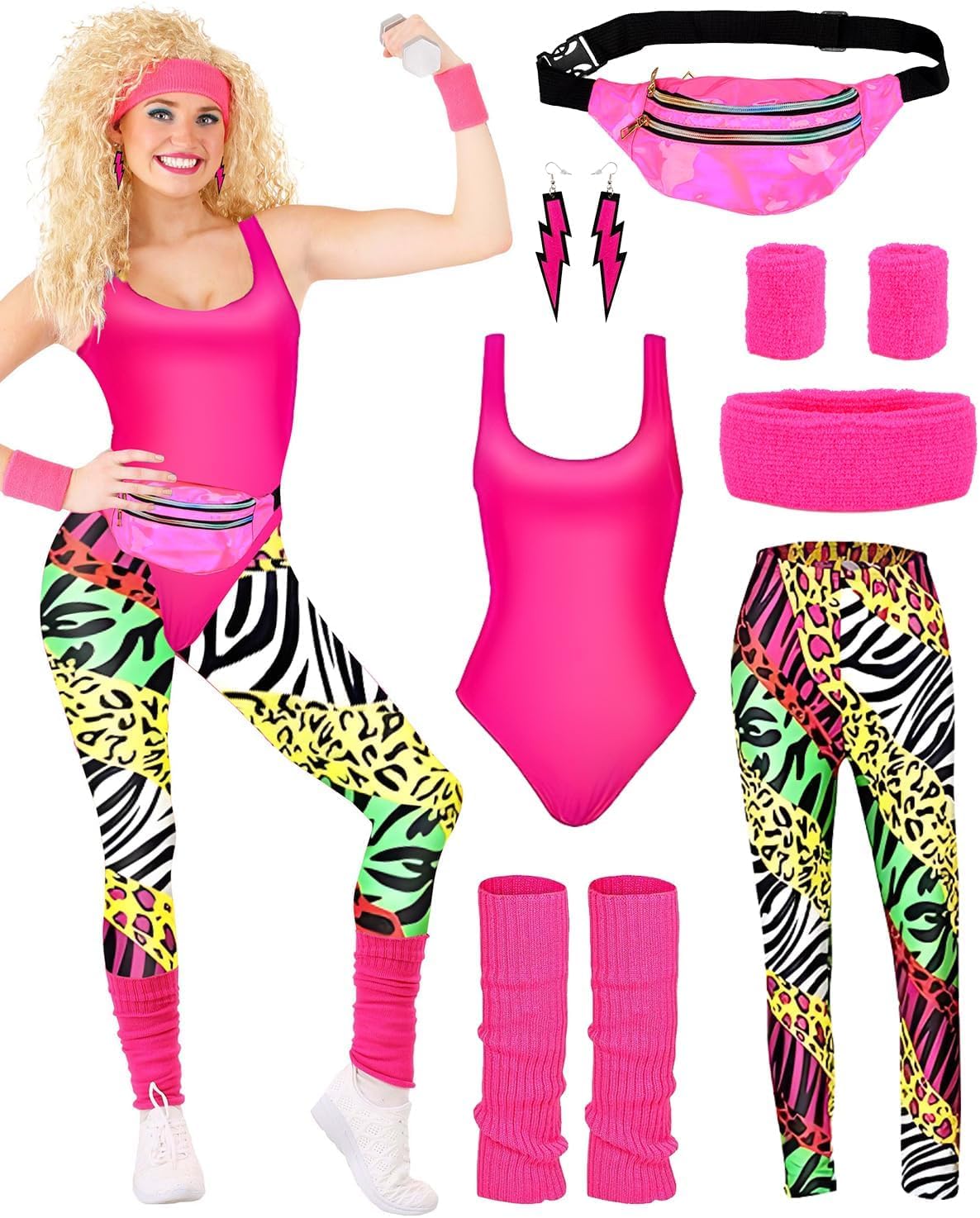 80s Costume Outfits Accessories Set for Girls, 80s Fancy Dress For Women, 1980s Fancy Dress Party Kits with Headband Earring Leg Warmers Headband for 1980 Retro Parties Hen Do Parties Ladies