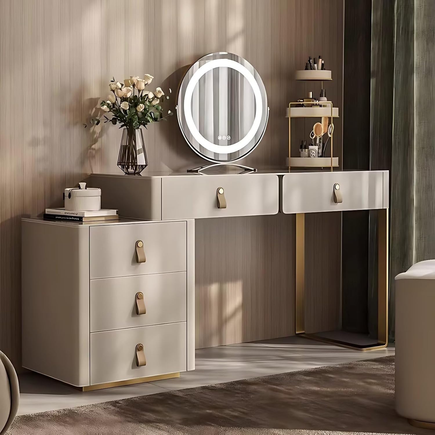 Vanity Desk - Makeup Desk with 5 Drawers and Smart LED Mirror, Leather, Solid Wood Vanity Table Include Rock Slab Desktop & Makeup Chair for Bedroom (Beige,Left Side Cabinet,47'')
