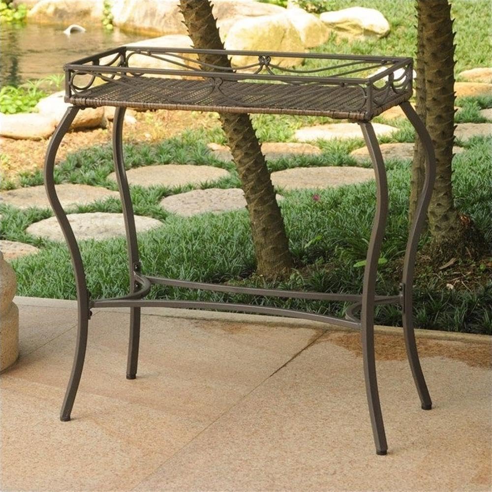 Pemberly Row Resin Potting Bench, Antique Brown Finish, Powder Coated Wicker Resin and Iron, 29.5" H x 26" W x 12" D, UV Protection, Water Resistant, Indoor/Outdoor Gardening Table