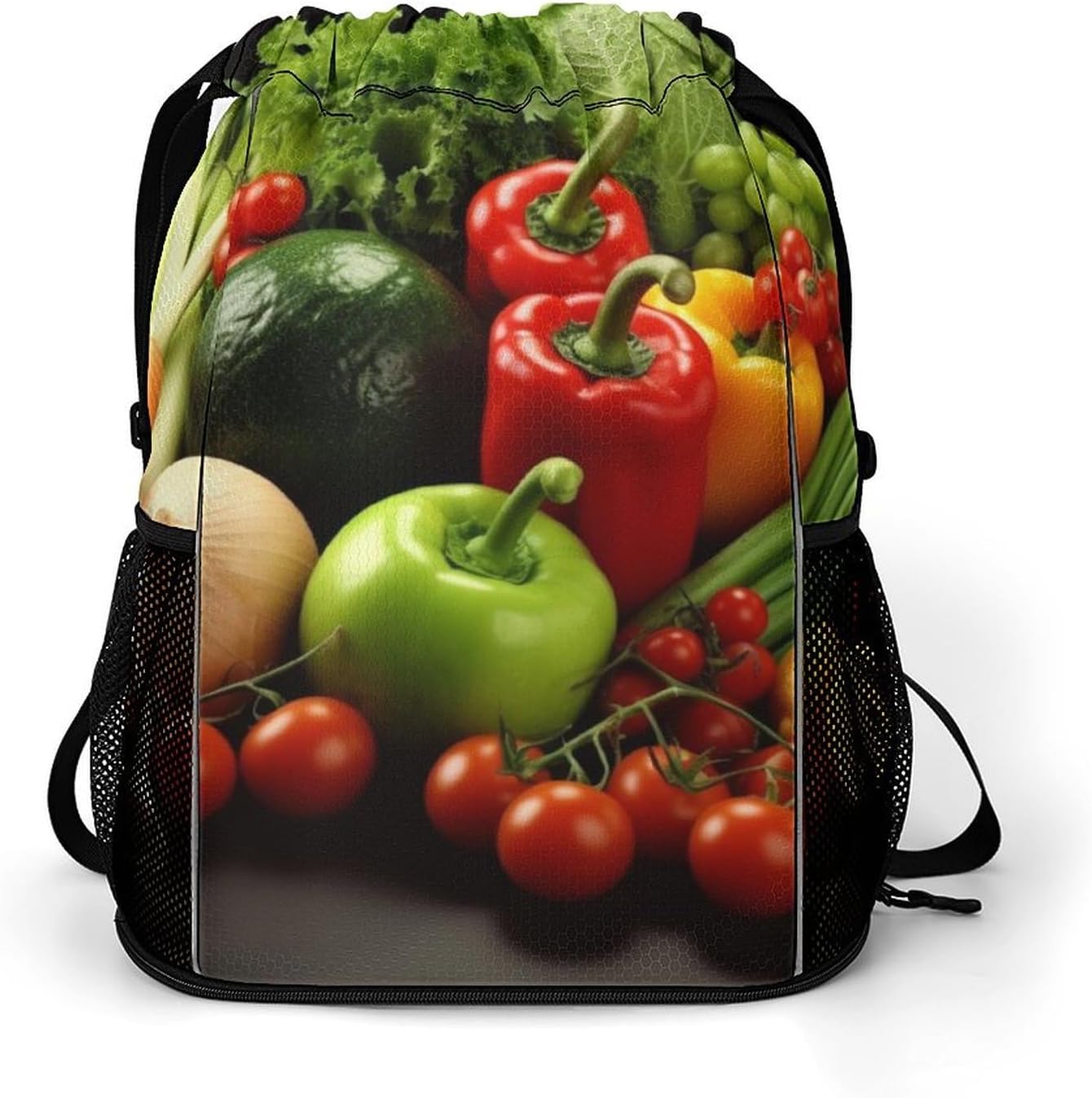 Small Gym Bag Fresh Vegetables Fruits Printed Drawstring Gym Bag for Men Lightweight Waterproof Drawstring Backpack for Women with Shoe Compartment for Travel Tourism Work And Fitness