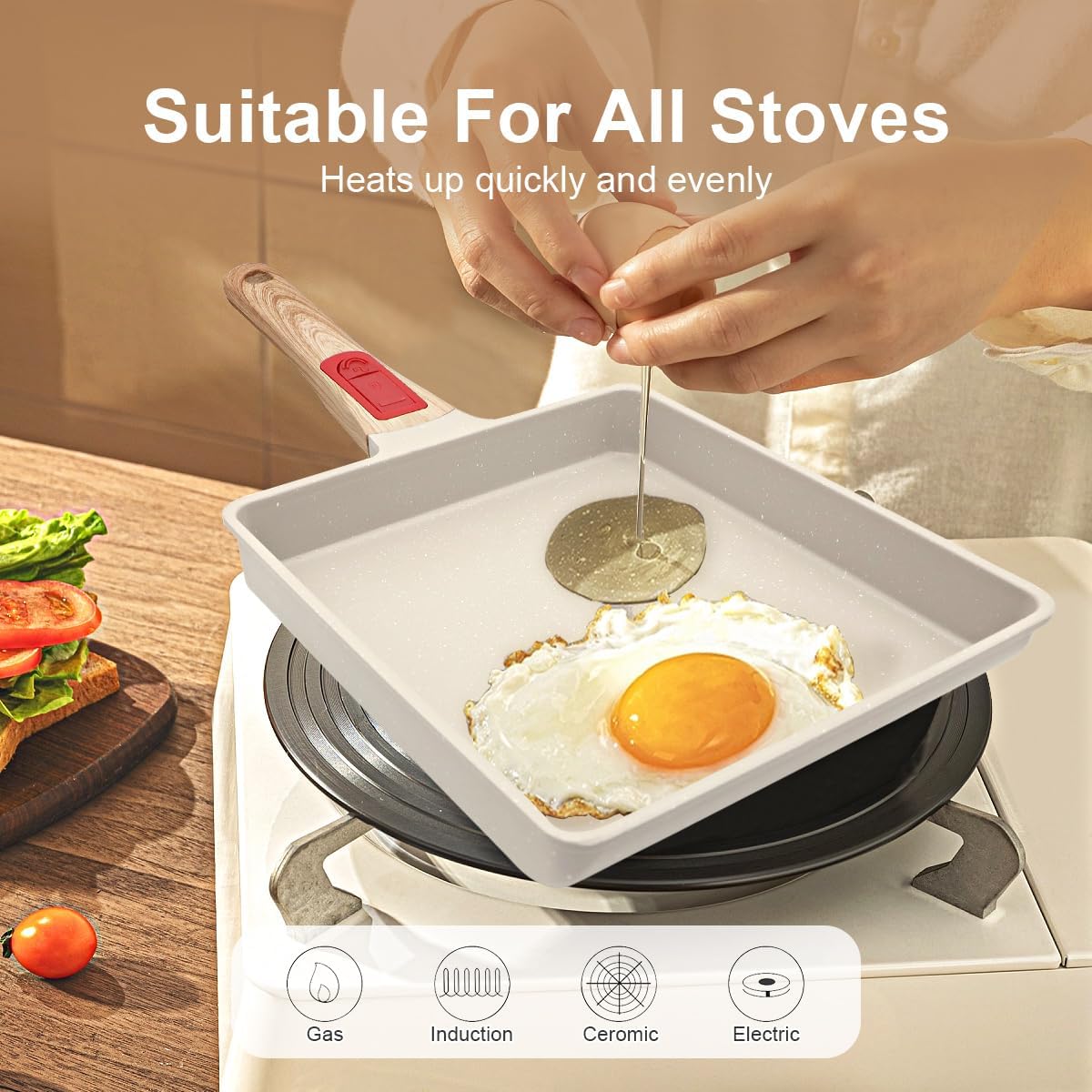 AIKENBBKK Tamagoyaki Japanese Omelette Pan, Japanese Egg Pan, Square Egg Pan Nonstick, Induction-Ready, Detachable Handle, with Silicone Spatula, PFAS & PFOA-Free, Oven Safe, White, 9" x 8.2"