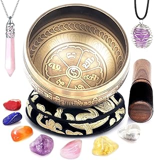 Tibetan Singing Bowl Set - Rose Quartz Pendulum Necklace and 7 chakra healing crystal stones - Handcrafted in Nepal for Me...