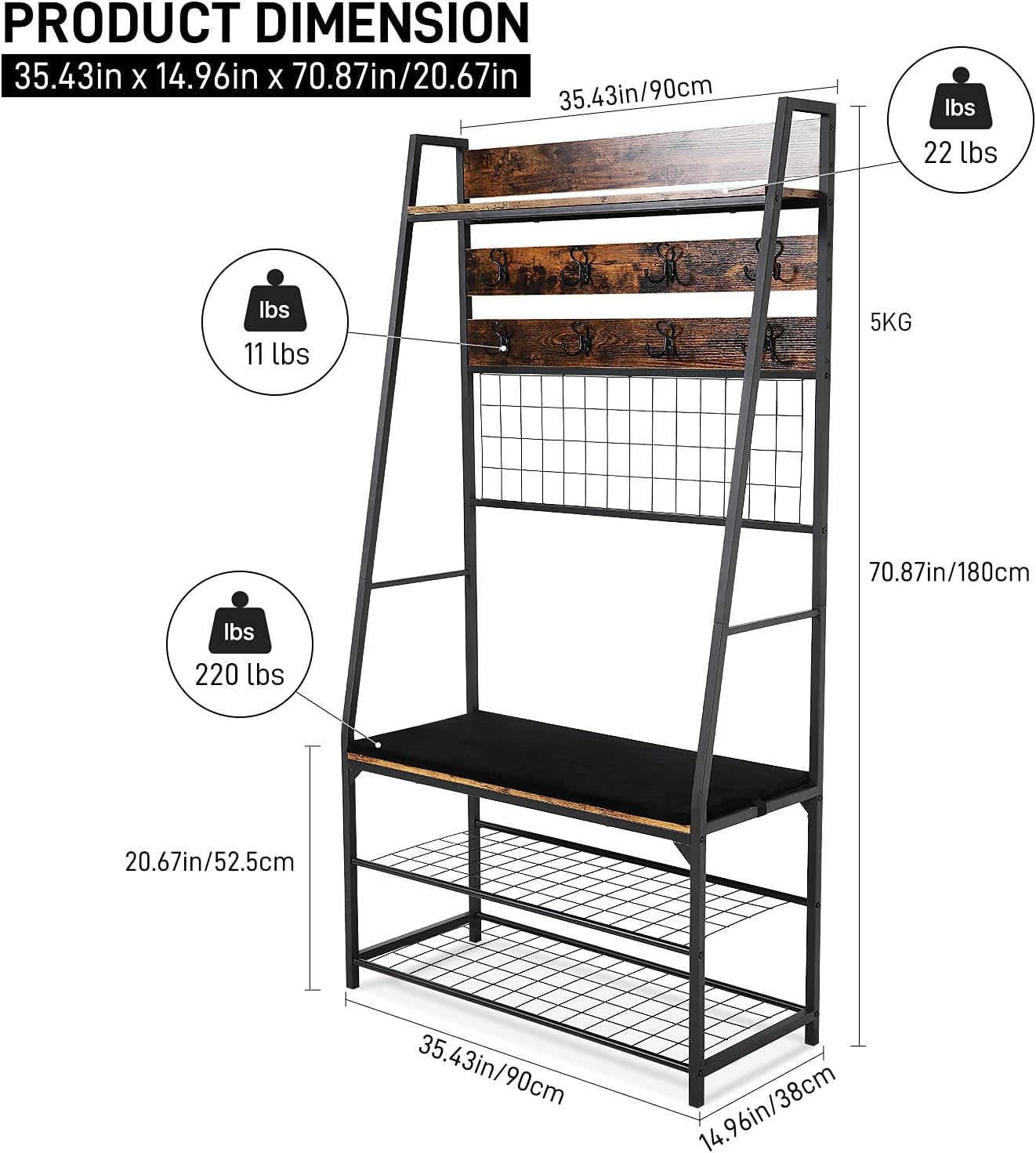 Entryway Hall Trees, E&D FURNITURE Entryway Bench with Coat Rack with Shoe Rack Entryway Home Furniture Coat Shoe Rack Bench 5-in-1 Clothes Rack Mudroom Bench with Storage and Hooks : Home & Kitchen