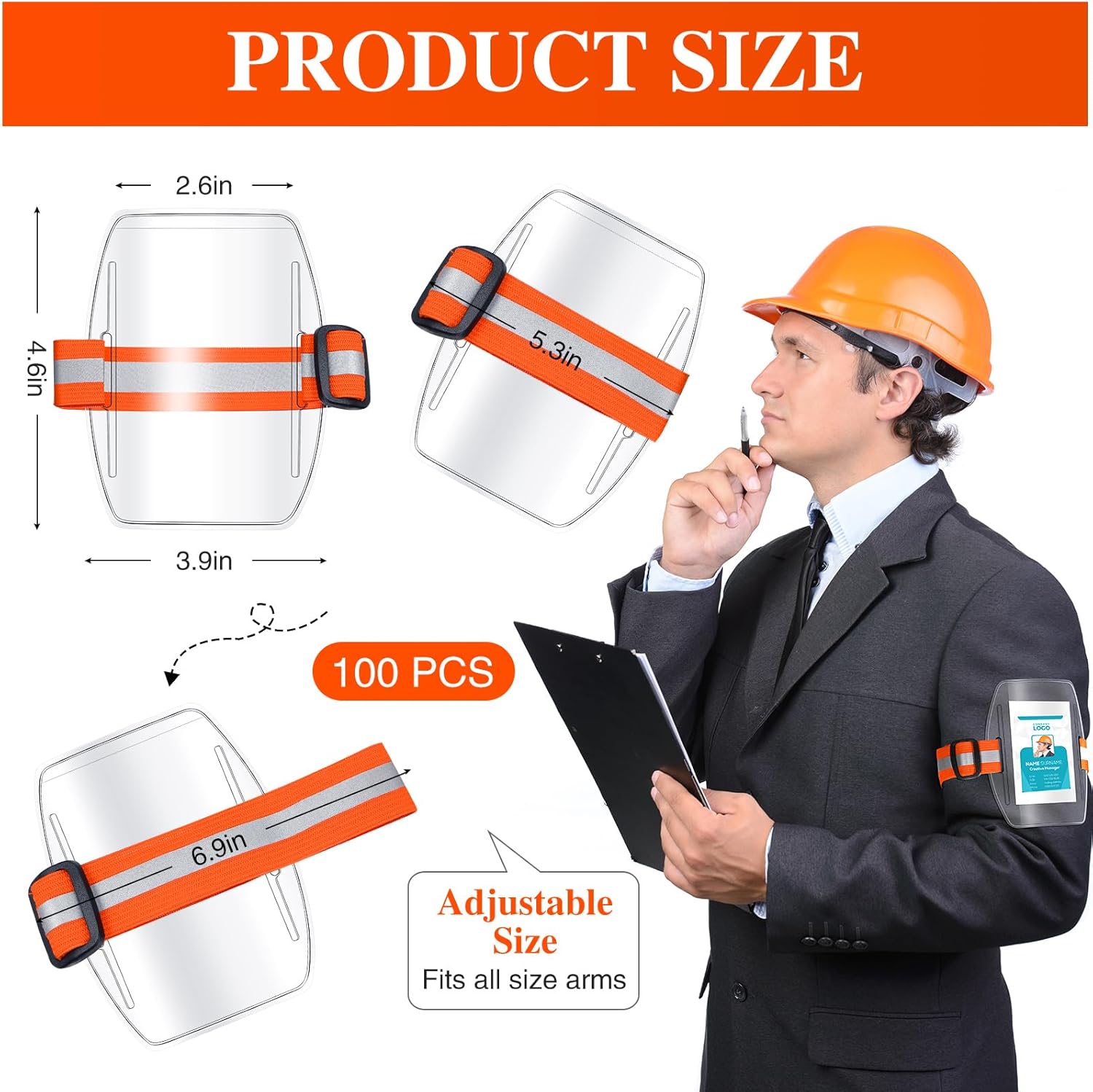 Sherr 100 Pcs Arm Badge Armband Visibility PVC ID Card Holder with Adjustable Strap Fastener Armband Pass Clear Display Name Tag Holder for Work Ski Postcard Pass Universal Size(Orange)