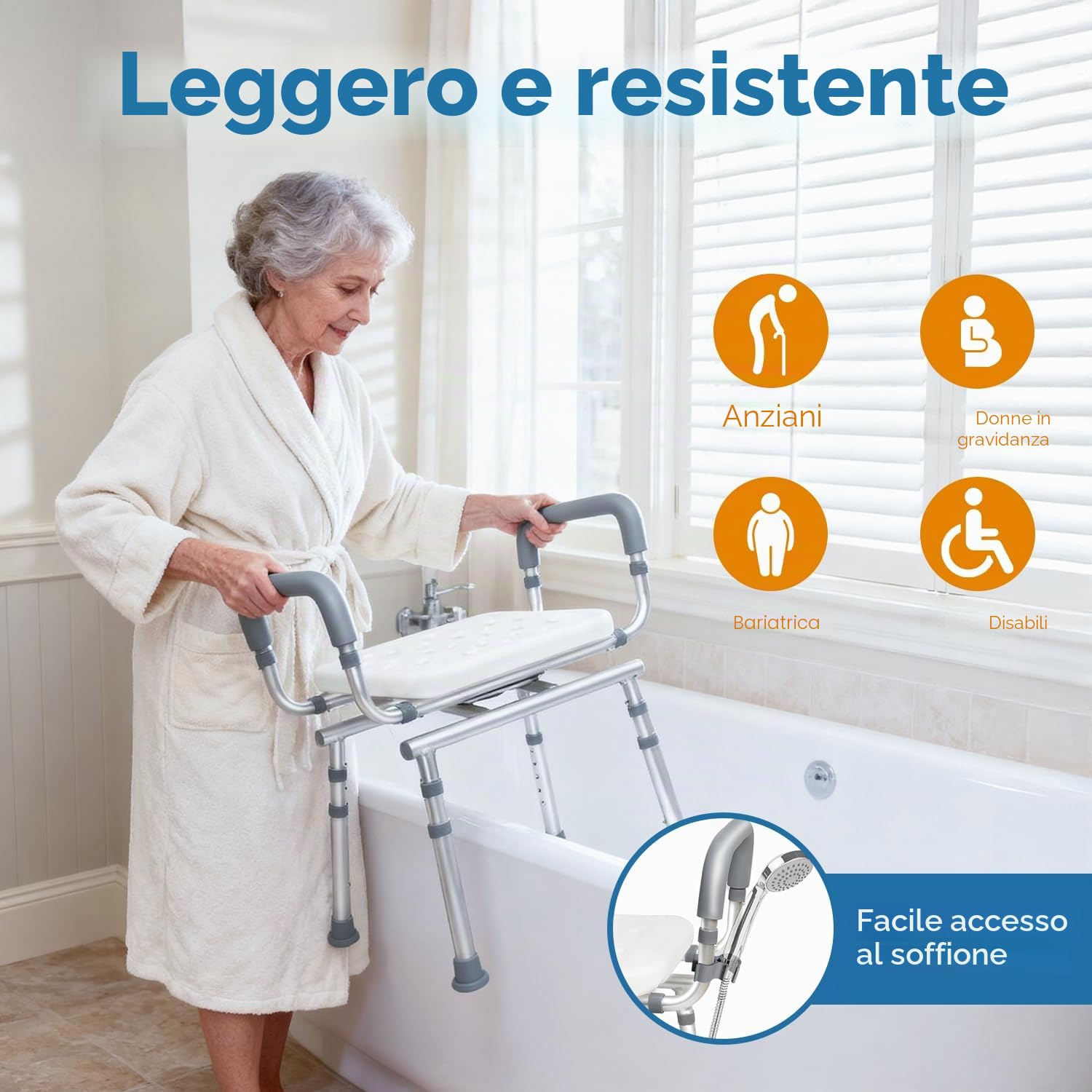 Agrish Sedia da Doccia Girevole a 360° con Braccioli Rimovibili | Altezza regolabile e struttura robusta fino a 159 kg; ideale per anziani e disabili, adatta a doccia e vasca