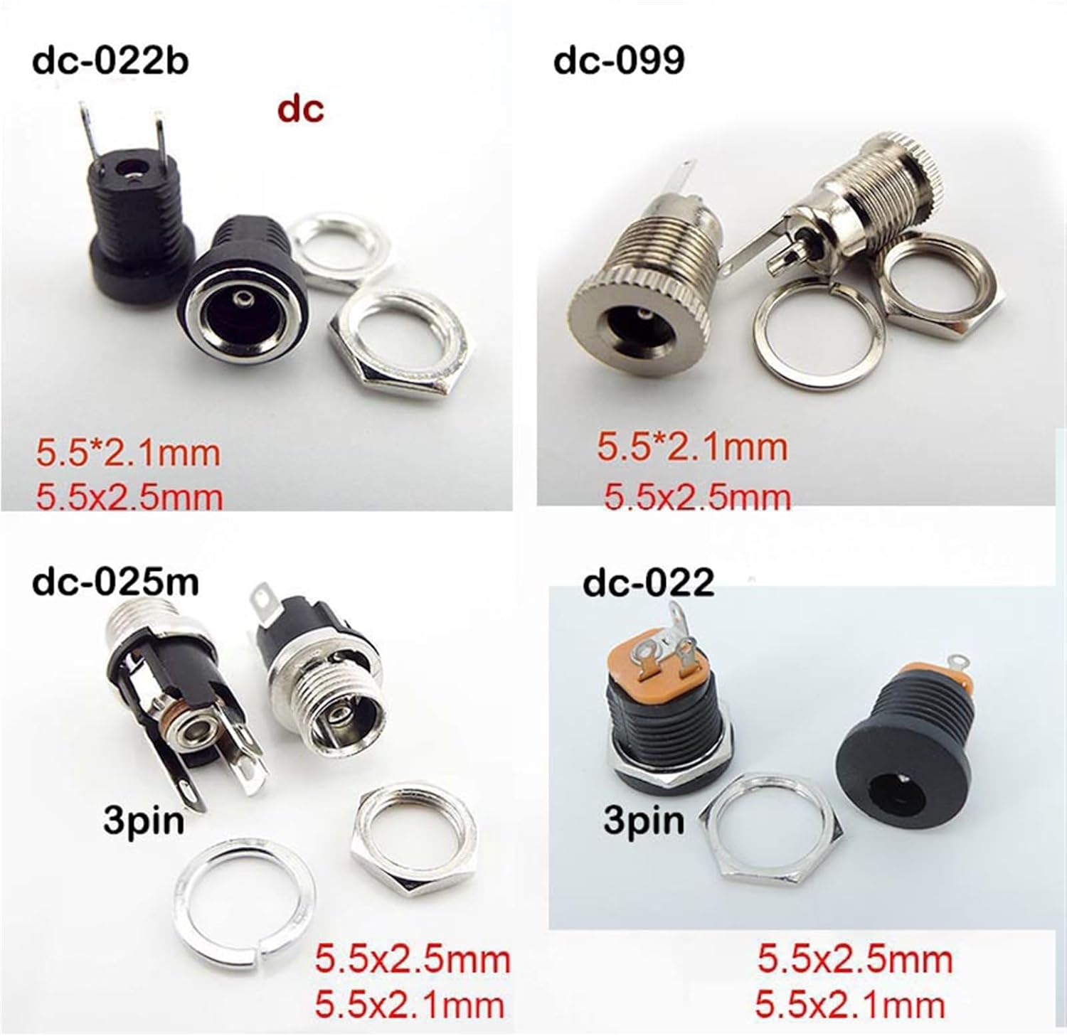 DC 022 099 025M 5.5mmx2.1mm DC Male Female Angel 2.5mm Power Jack Socket Panel Mount Connector Metal 5.5 * 2.5 dustproof Cover(Type 3 1pair,5.5x2.1mm)