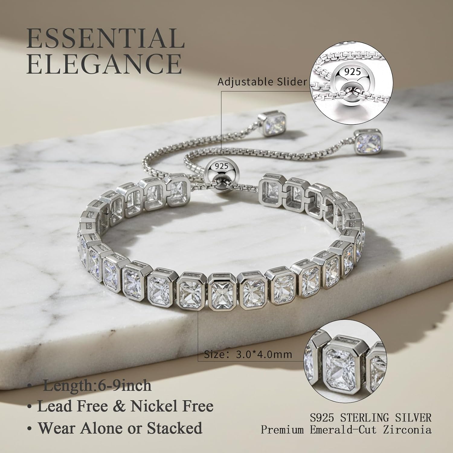 Birthstone Bracelets for Women Adjustable 6-9 Inches Tennis Bracelet Hypoallergenic Sterling Silver Anniversary Valentine's Day Fine Jewelry Gifts for Women