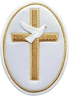 Gold Cross with Dove Patch Beautiful White Velvet Christian Emblem Embroidered Iron/Sew-on Badge (3.5 Inch) Vatican Catholic Church Souvenir Gift