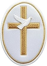 Gold Cross with Dove Patch Beautiful White Velvet Christian Emblem Embroidered Iron/Sew-on Badge (3.5 Inch) Vatican Catholic Church Souvenir Gift