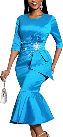 AOMEI Womens Crewneck Half Sleeve Peplum Waist Rhinestones Beads Bodycon Mermaid Satin Dress Formal