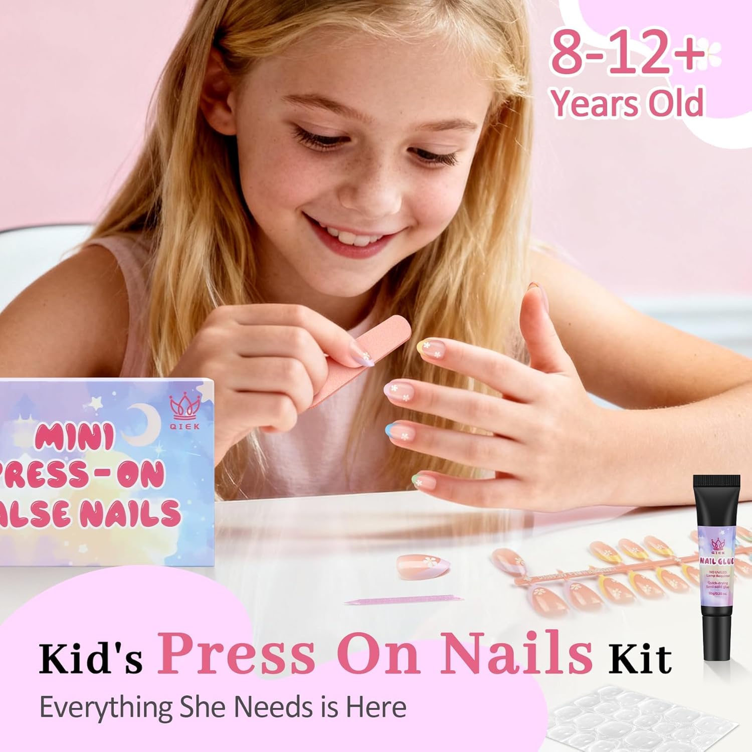 16 Sizes Press on Nails Kit for Kids - 32 Pieces French Almond Fake Nail Tips for Girls 8-12 Years Old with Jelly Nail Adhesives & No-Lamp Nail Glue, Birthday Christmas Gifts(Colorful Flower)