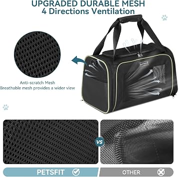 PETSFIT Cat Carrier for Kitten, Pet Carrier Airline Approved with Extendable Mat, Cat Travel Carrier Under 12 Lbs, Black