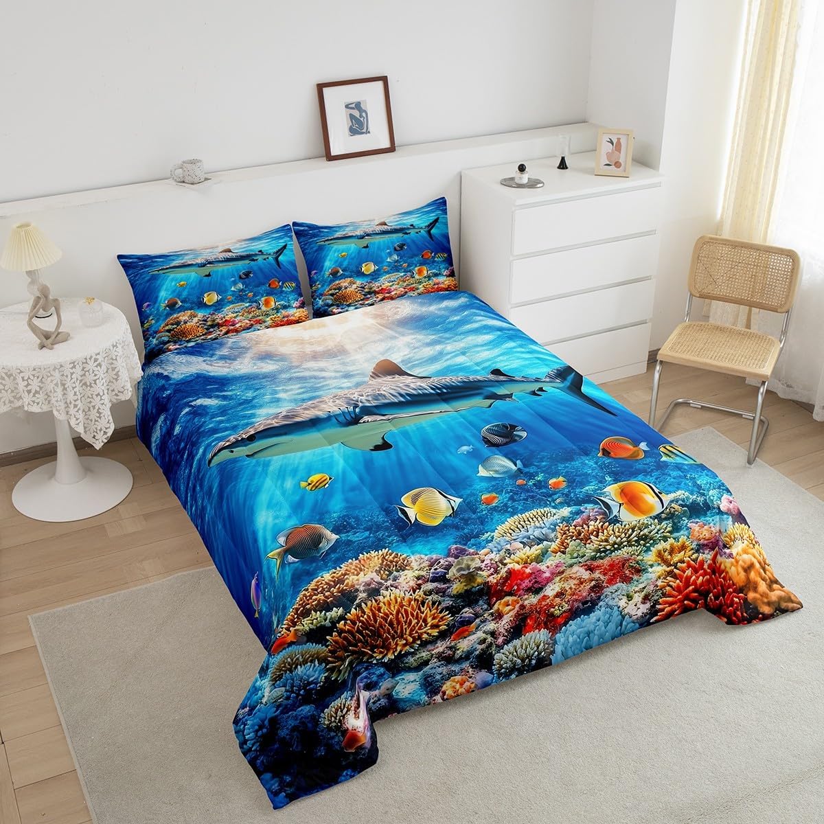 jejeloiu Ocean Bedding Set Toddler Size Kids Whale Comforter Cover for Boys Girls Teens Vivid Blue Duvet Cover Breathable Soft Lightweight Microfiber Quilt Set