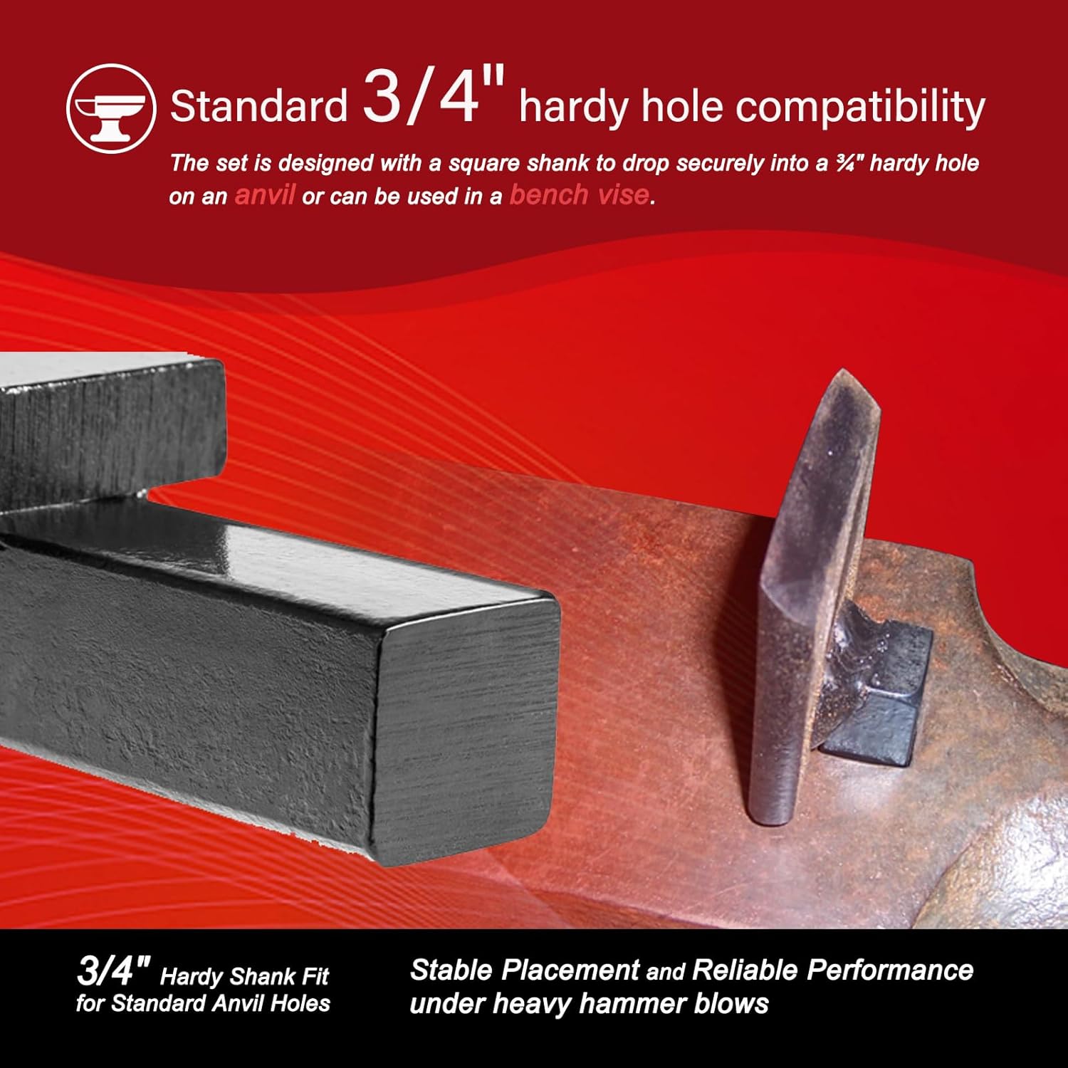 Blacksmith Anvil Forge Hardy Tool Set 3/4" – 3 Pcs Hot Cut, Creasing Stake, Spring Fuller – Heavy Duty Forging Hardy Tools for Anvil or Vise – Blacksmithing Tools for Metalwork & Knife Making