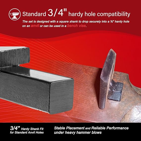 Blacksmith Anvil Forge Hardy Tool Set 3/4 – 3 Pcs Hot Cut, Creasing Stake, Spring Fuller – Heavy Duty Forging Hardy Tools for Anvil or Vise – Blacksmithing Tools for Metalwork & Knife Making