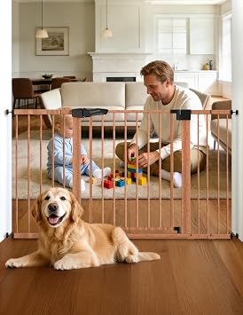 Babelio Metal Auto Close Baby Gate PressGuard P7, 29"-55" Wide Extra Wide Pet Gate for The House and Doorways, Pressure Mounted Walk Thru Child Gate with Door, Brown Wood Pattern