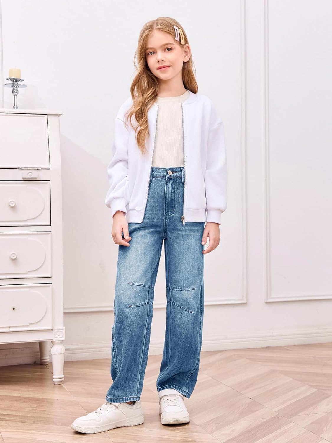 Haloumoning Girls Wide Leg Barrel Jeans Kids Fashion Elastic Waist Baggy Denim Pants with Pockets 5-14 Years - Image 4