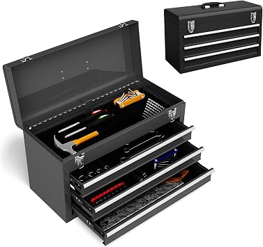 ERGOMASTER Portable Tool Box, Metal Tool Box with 3 Drawers, Lockable Heavy Duty Tool Chest Storage Toolbox for Garage, Workshop Black