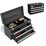 ERGOMASTER Portable Tool Box, Metal Tool Box with 3 Drawers, Lockable Heavy Duty Tool Chest Storage Toolbox for Garage, Workshop (Black)