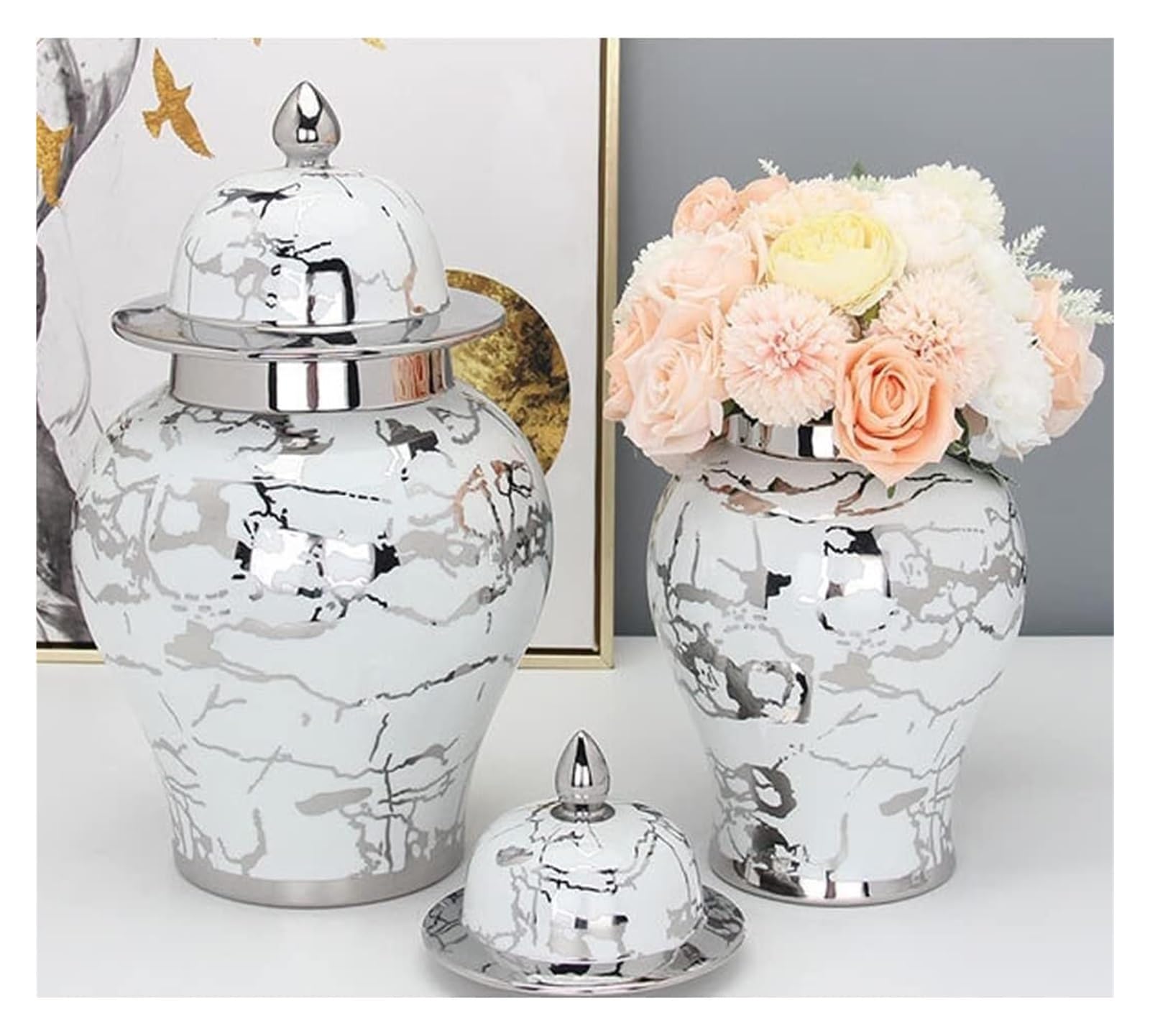 Jarrones de cerámica para Mesa, jarrones de Jengibre con Tapa para decoración, jarrones de Flores secas en Plata y Blanco, Decoraciones de Mesa(Estilo 5-19,5 x 34,5 cm