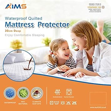 30cm Deep 100% Waterproof & Moisture Quilted Mattress Protector Fitted Cover Microfiber Quilted Topper fitted sheet, Anti Allergy and Breathable Elasticated Skirts 4FT
