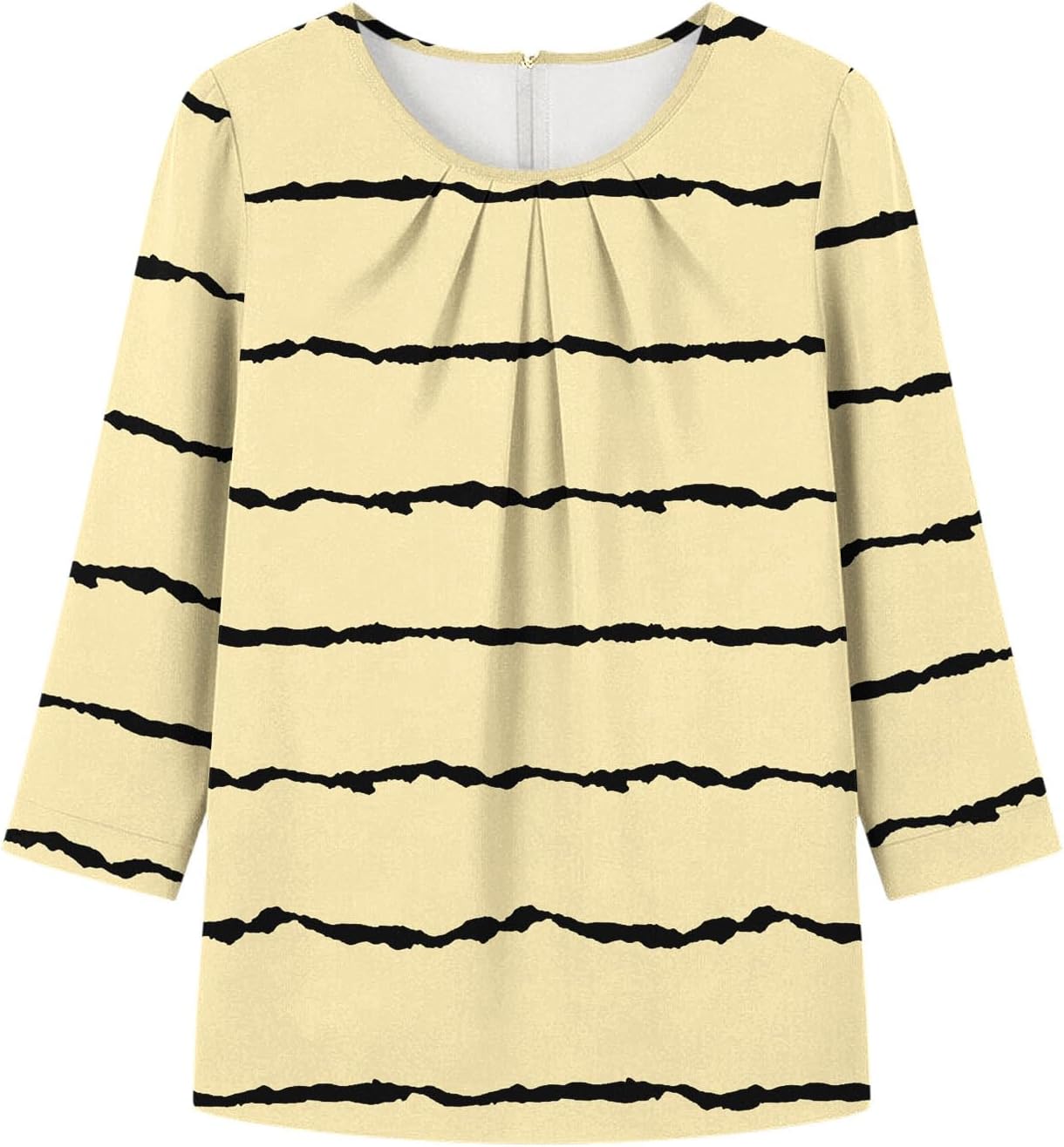Womens Striped Printed Top Crew Neck Pleated 3/4 Sleeve T Shirts | Casual Loose Tunic Tees Lightweight Breathable Plus Size Travel Vacation Blouses Flowy Business Outfits