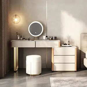 Lartis Faux Leather Makeup Vanity Desk Set with LED Lighted Mirror, Storage Drawers & Vanity Stool, Brown/Gold
