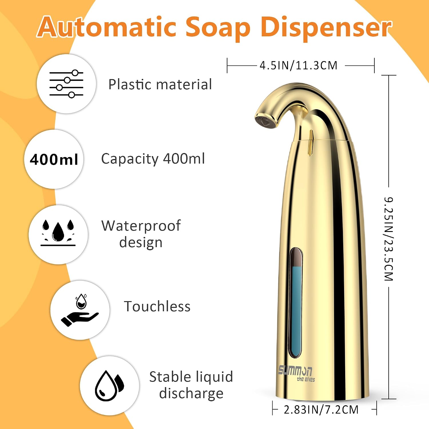 Automatic Liquid Soap Dispenser Touchless, Hand & Dish Countertop Gold Electric Dispenser with Sensor,Modern 4 Gear Adjustable Waterproof Battery Operated Kitchen Auto Soap Pump