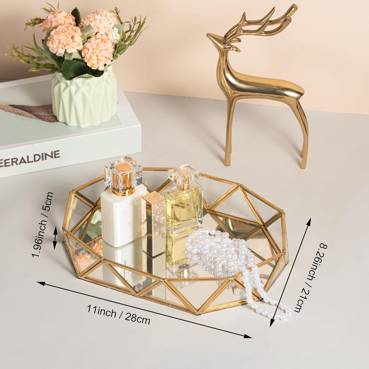 Feyarl Gold Glass Perfume Tray Mirror Vanity Jewelry Trinket Organizer Ornate Cosmetic Makeup Display Decorative Tray for Bathroom Home Decor Dresser Tabletop Countertop （11 x 8.26 x 1.96inch）