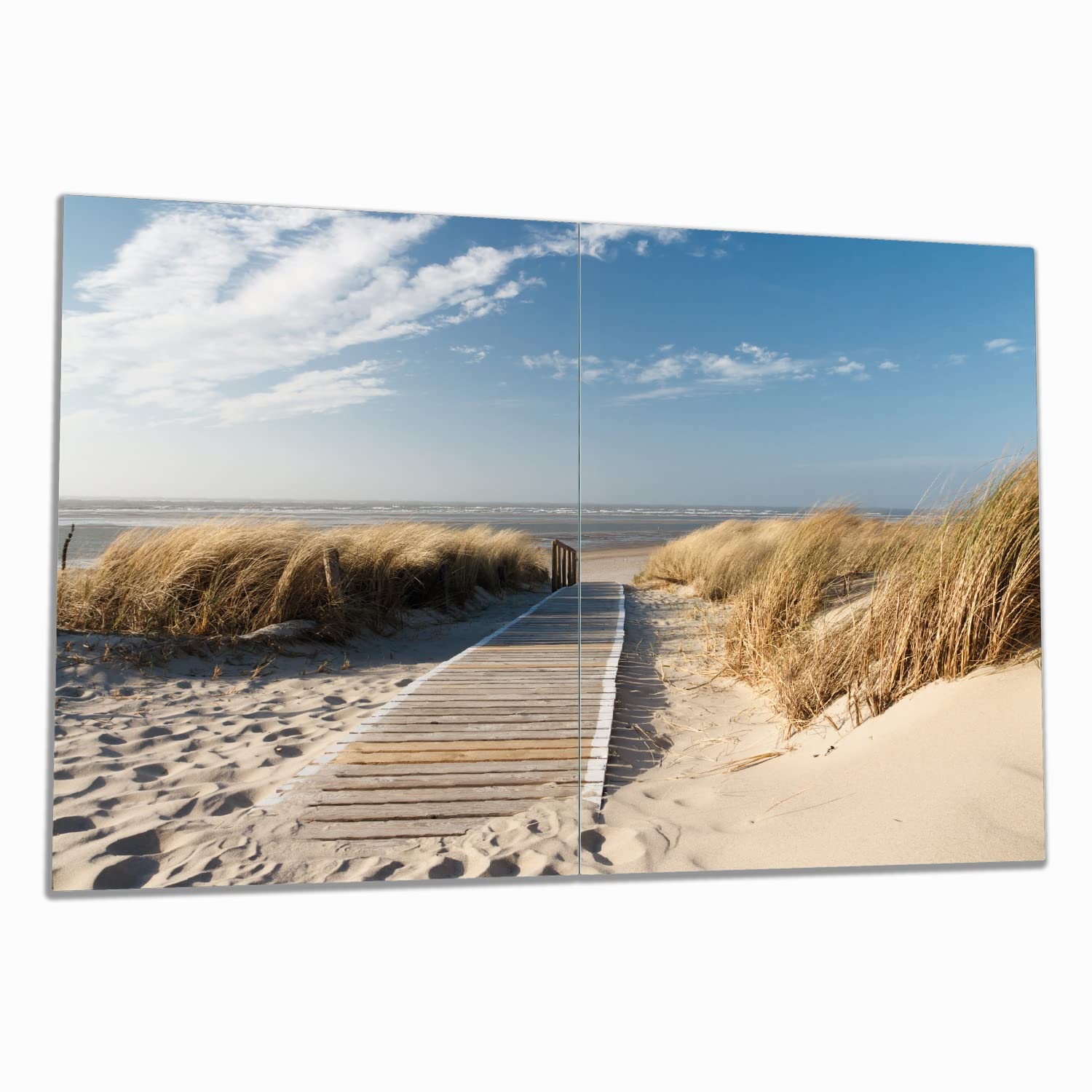 Wallario Herdabdeckplatte/Spritzschutz aus Glas, 2-teilig, 80x52cm, für Ceran- und Induktionsherde, Auf dem Holzweg zum Strand