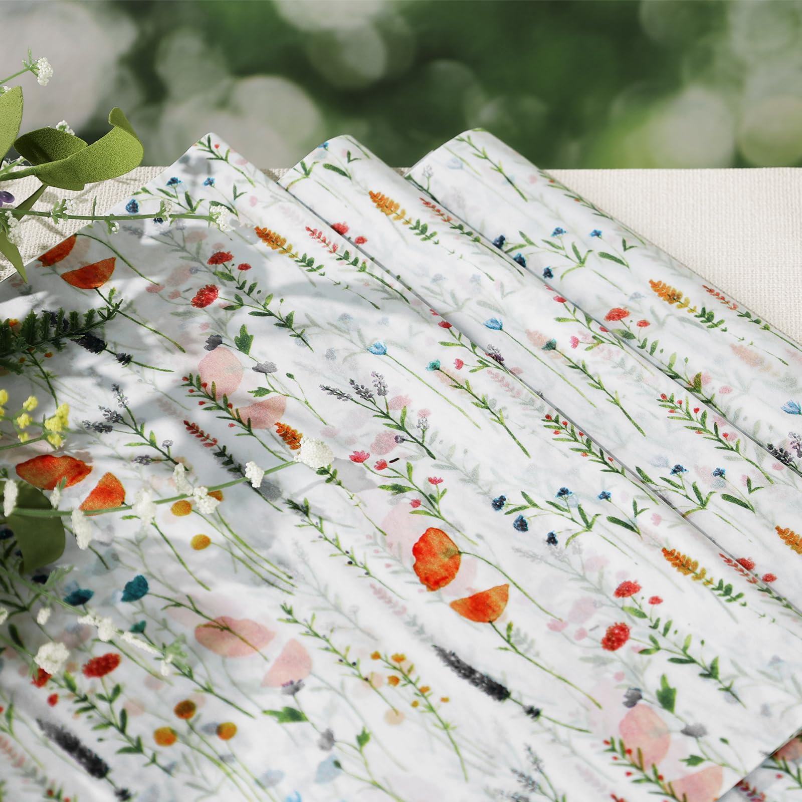 100 arkuszy bibuły wiosennej, dzikich kwiatów, 20 x 14 cm, vintage, lawendowy, czerwony, mak, do majsterkowania, na urodziny, baby shower, ślub, wieczór panieński, herbatę, przyjęcie, dekoracja, 100